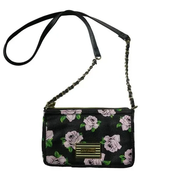 BETSEY JOHNSON Mini Cross Body Purse Wallet Bag Black/Roses Chain Strap - Picture 1 of 12